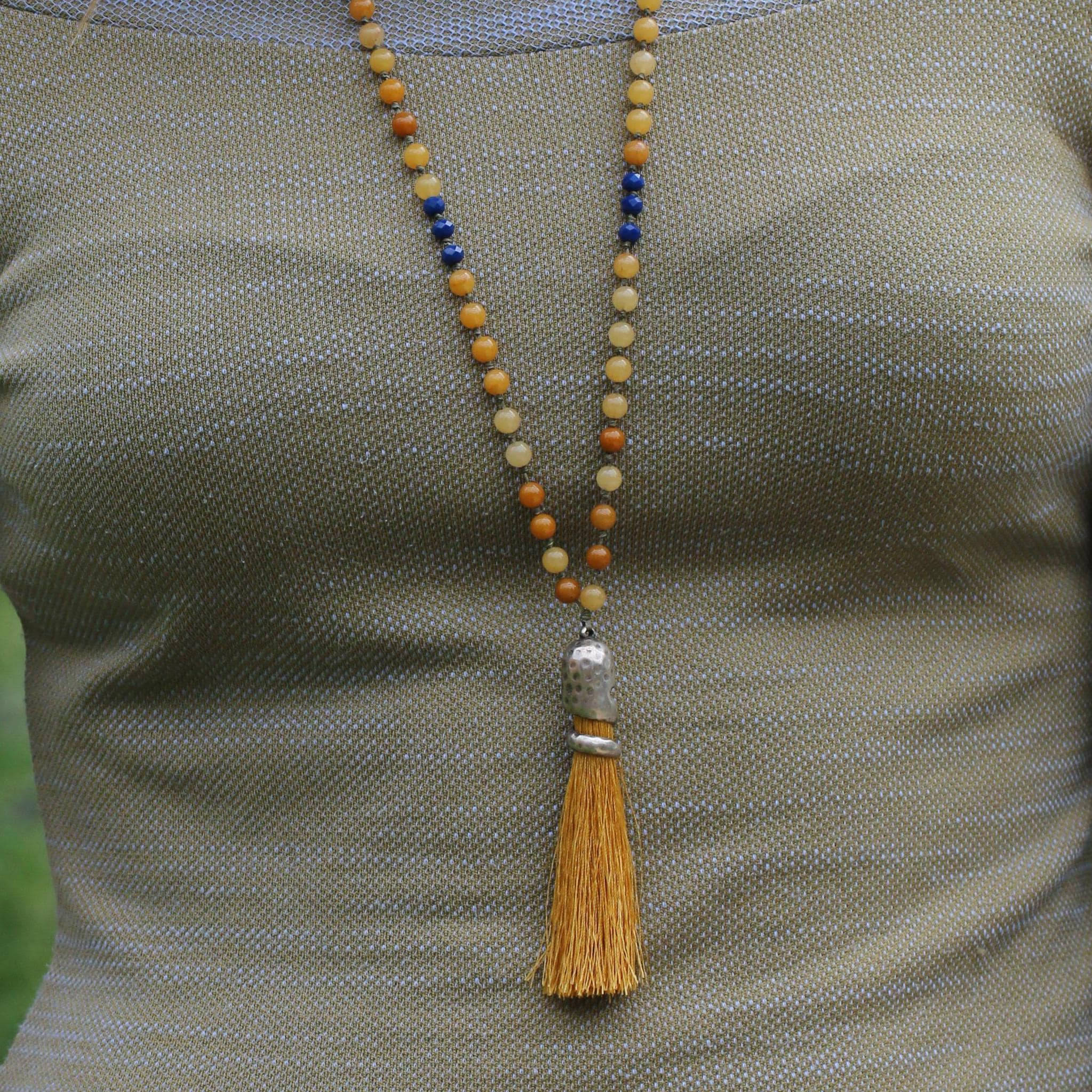 Honey Jade Mala Necklace • Handmade Knotted Gemstone Beads • Long Tassel Meditation Necklace for Women