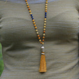 Honey Jade Mala Necklace • Handmade Knotted Gemstone Beads • Long Tassel Meditation Necklace for Women