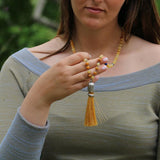 Honey Jade Mala Necklace • Handmade Knotted Gemstone Beads • Long Tassel Meditation Necklace for Women