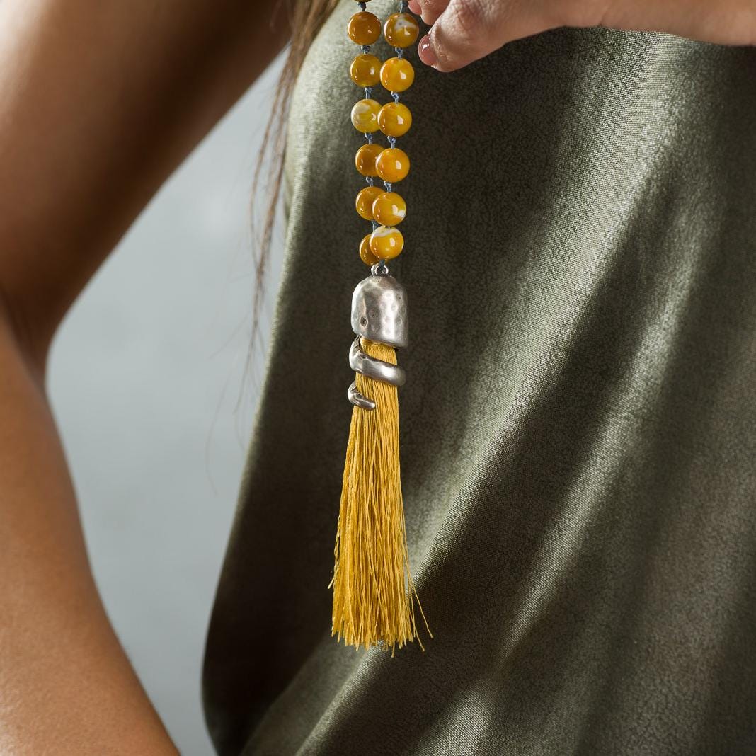 Yellow Agate & Lava Mala Necklace • Hand-Knotted Boho Tassel Necklace