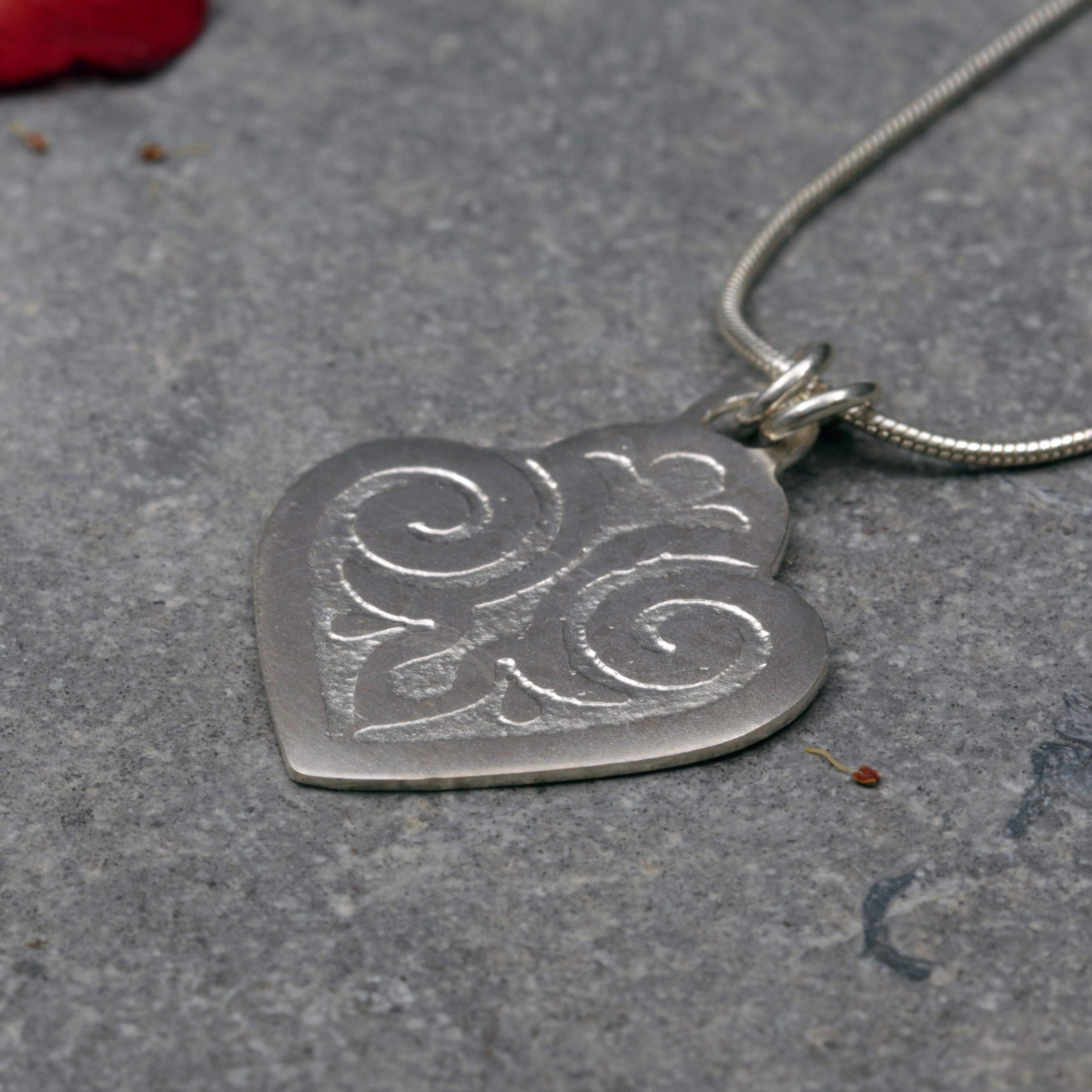 Vintage Engraved Heart Necklace • Sterling Silver Jewelry Gift • Dainty Hand-Engraved Pendant for Women