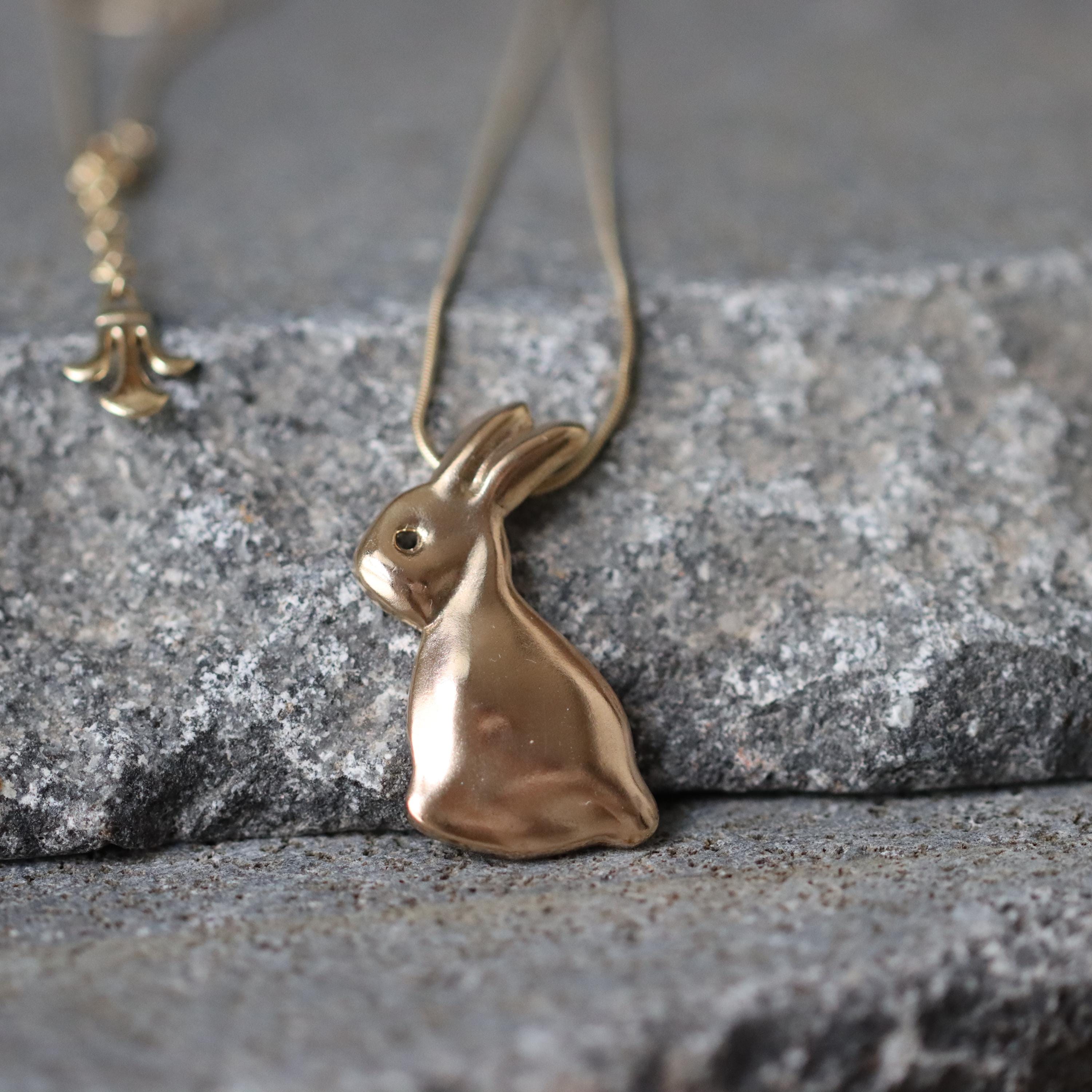 Gold Bunny Pendant Necklace • 3D Rabbit Necklace in Gold