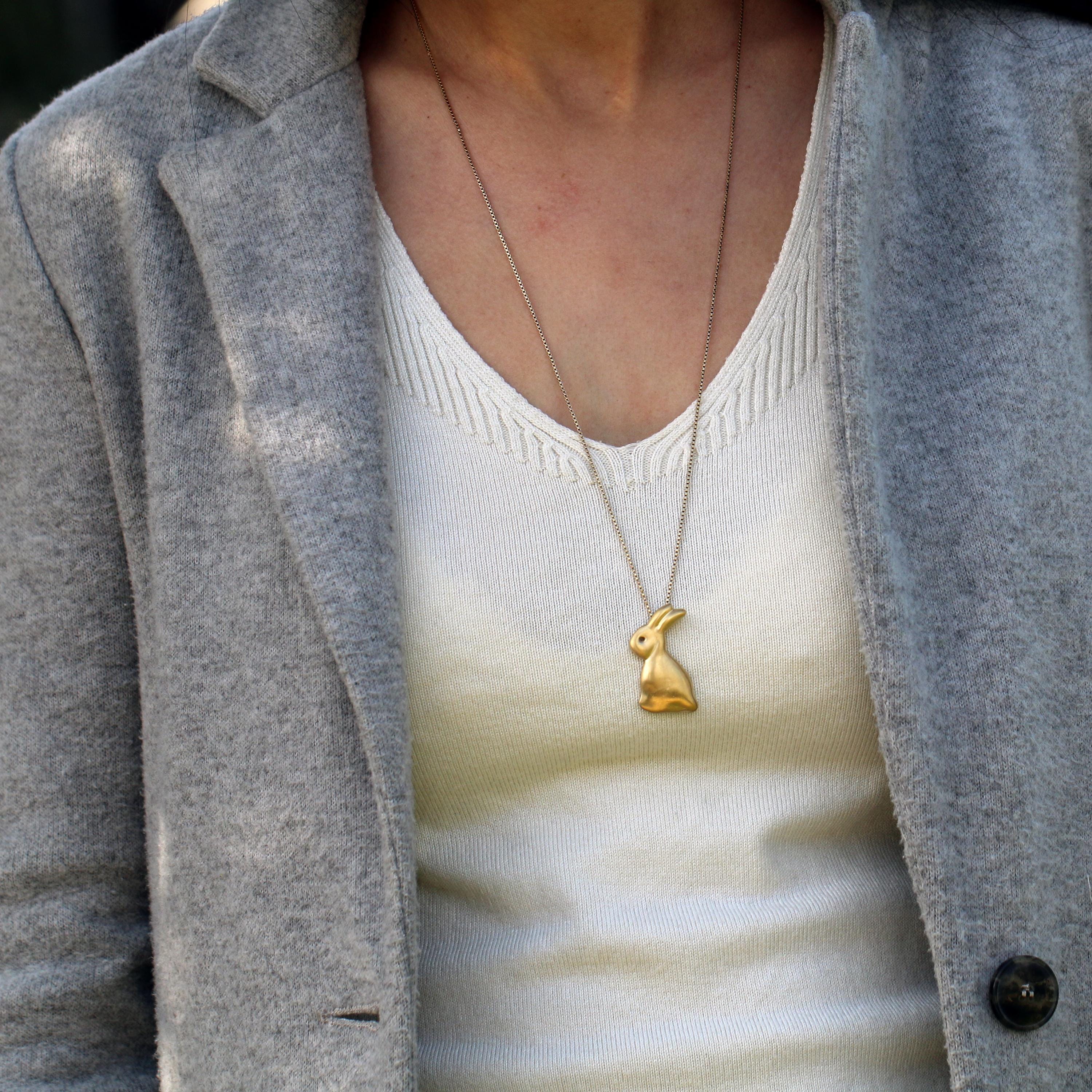 Gold Bunny Pendant Necklace • 3D Rabbit Necklace in Gold