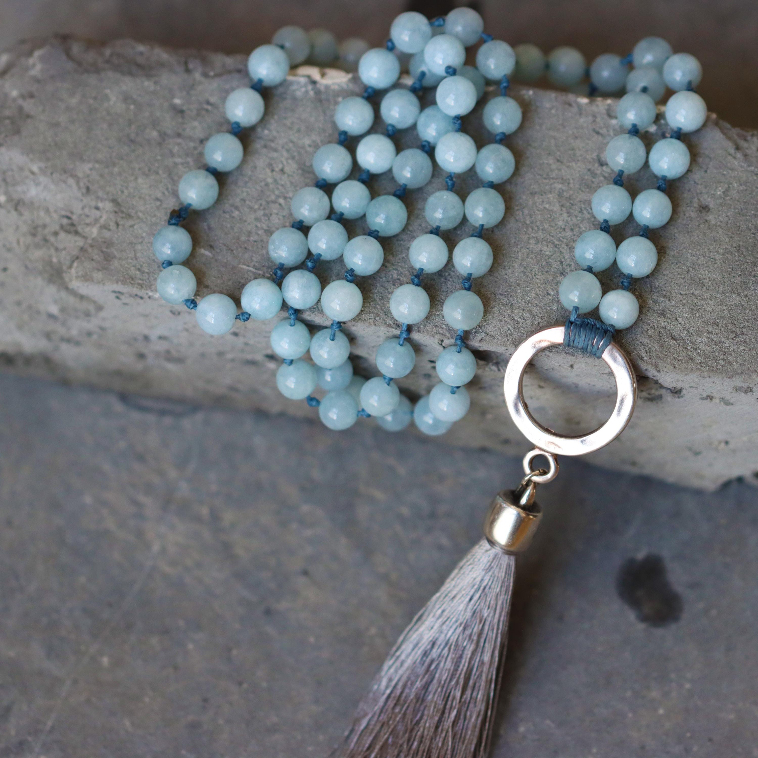 Aquamarine Mala Necklace • March Birthstone Tassel Necklace • Long Beaded Gemstone Jewelry for Women