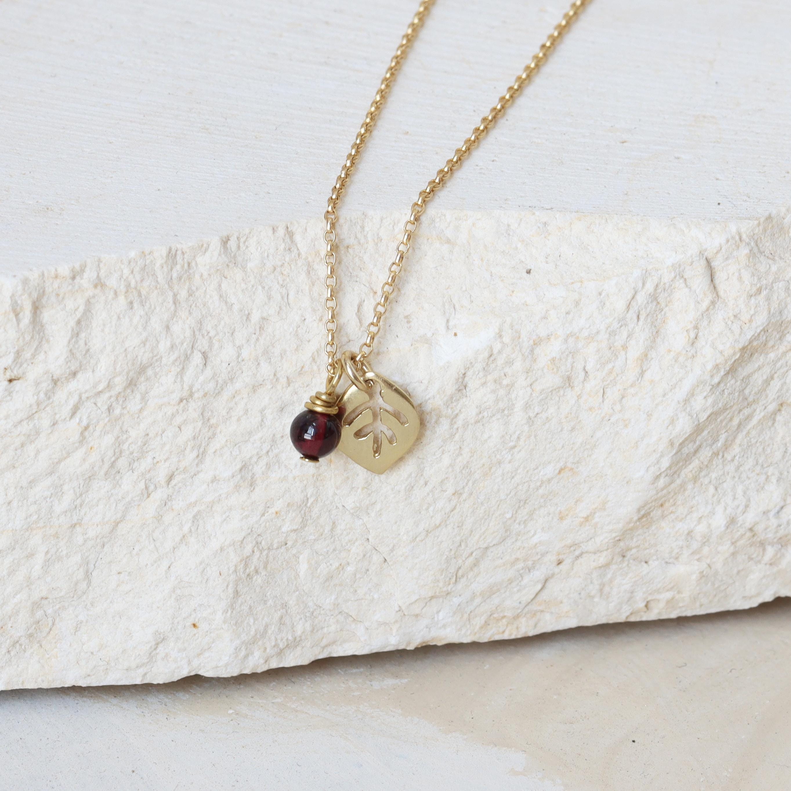 Garnet Leaf Necklace โข Dainty Gold Birthstone Pendant โข Delicate Nature Jewelry โข Minimal Layering Necklace
