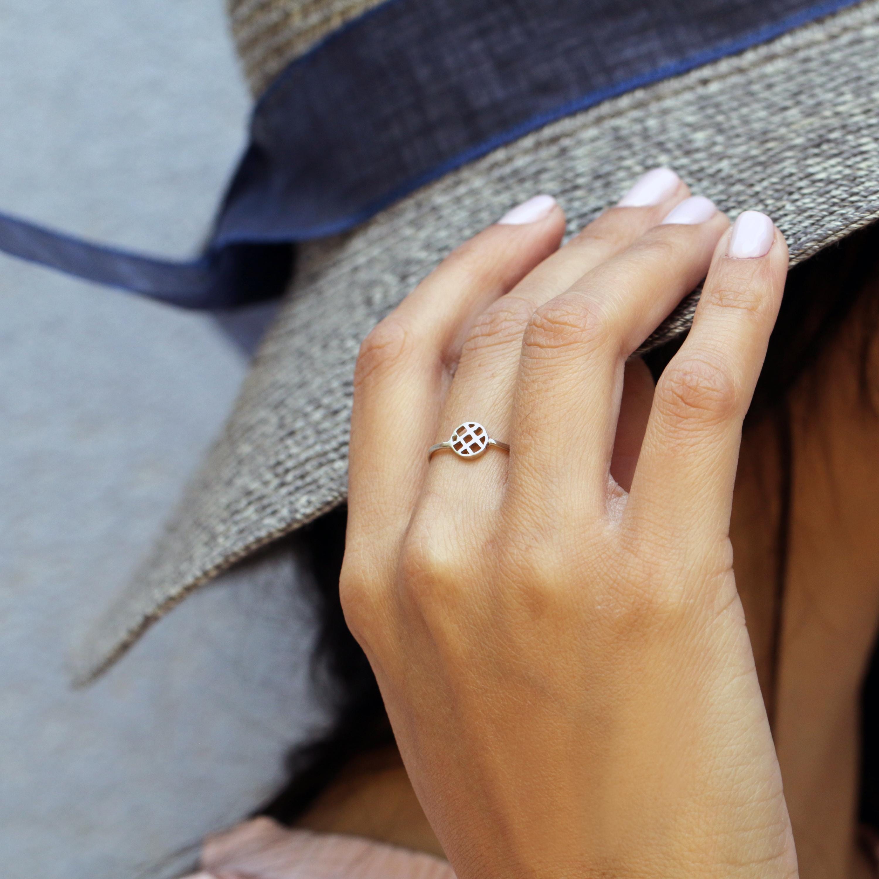 Dainty Silver Geometric Lattice Ring • Handmade Cut Out Circle Ring • Minimalist Modern Jewelry