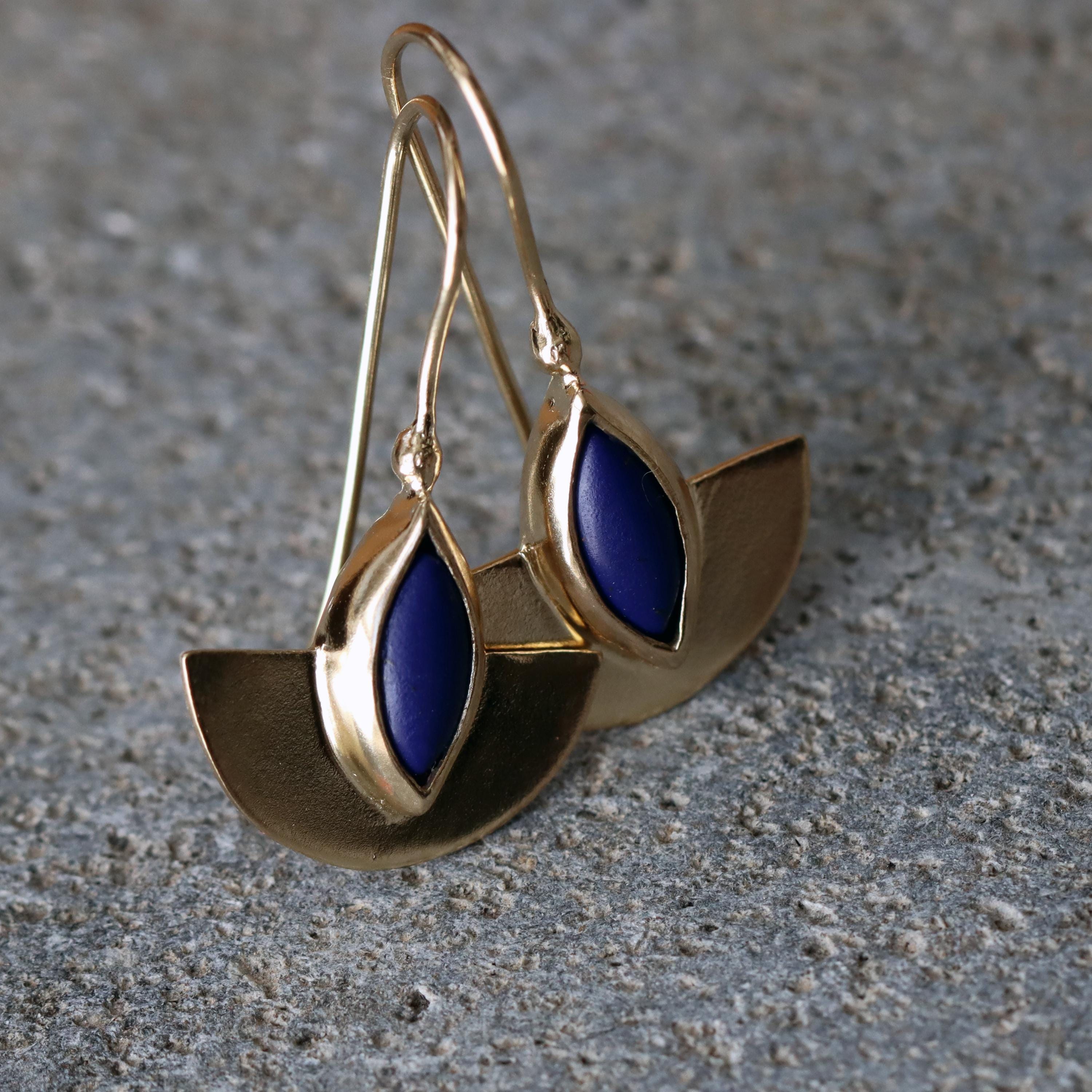 Semicircle Gold Dangle Earrings with Turquoise • Handcrafted Gold Earrings with Marquise Gemstone | Christmas Gift for Her