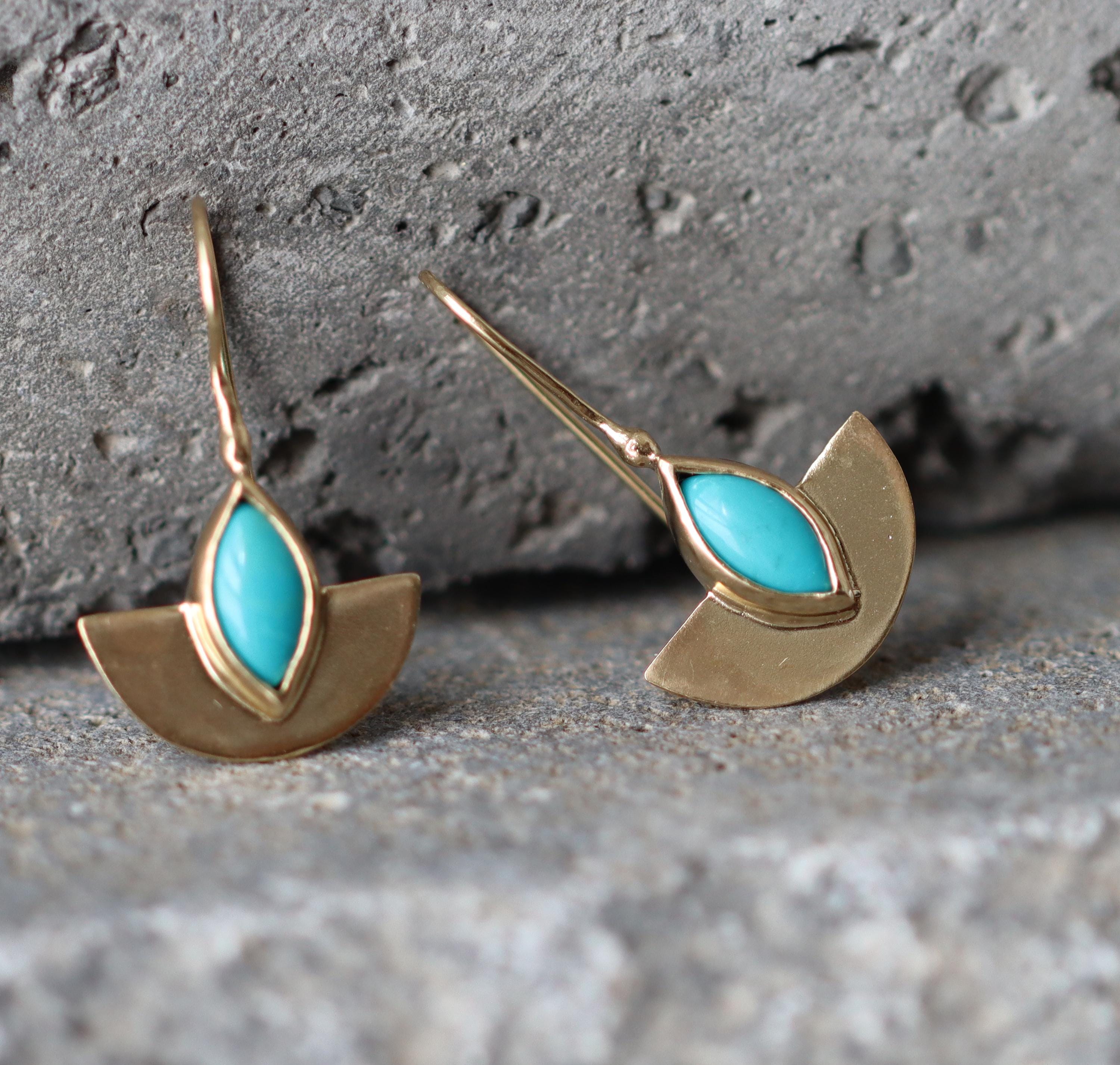 Semicircle Gold Dangle Earrings with Turquoise • Handcrafted Gold Earrings with Marquise Gemstone | Christmas Gift for Her