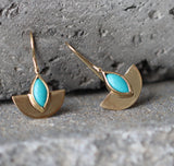Semicircle Gold Dangle Earrings with Turquoise • Handcrafted Gold Earrings with Marquise Gemstone | Christmas Gift for Her
