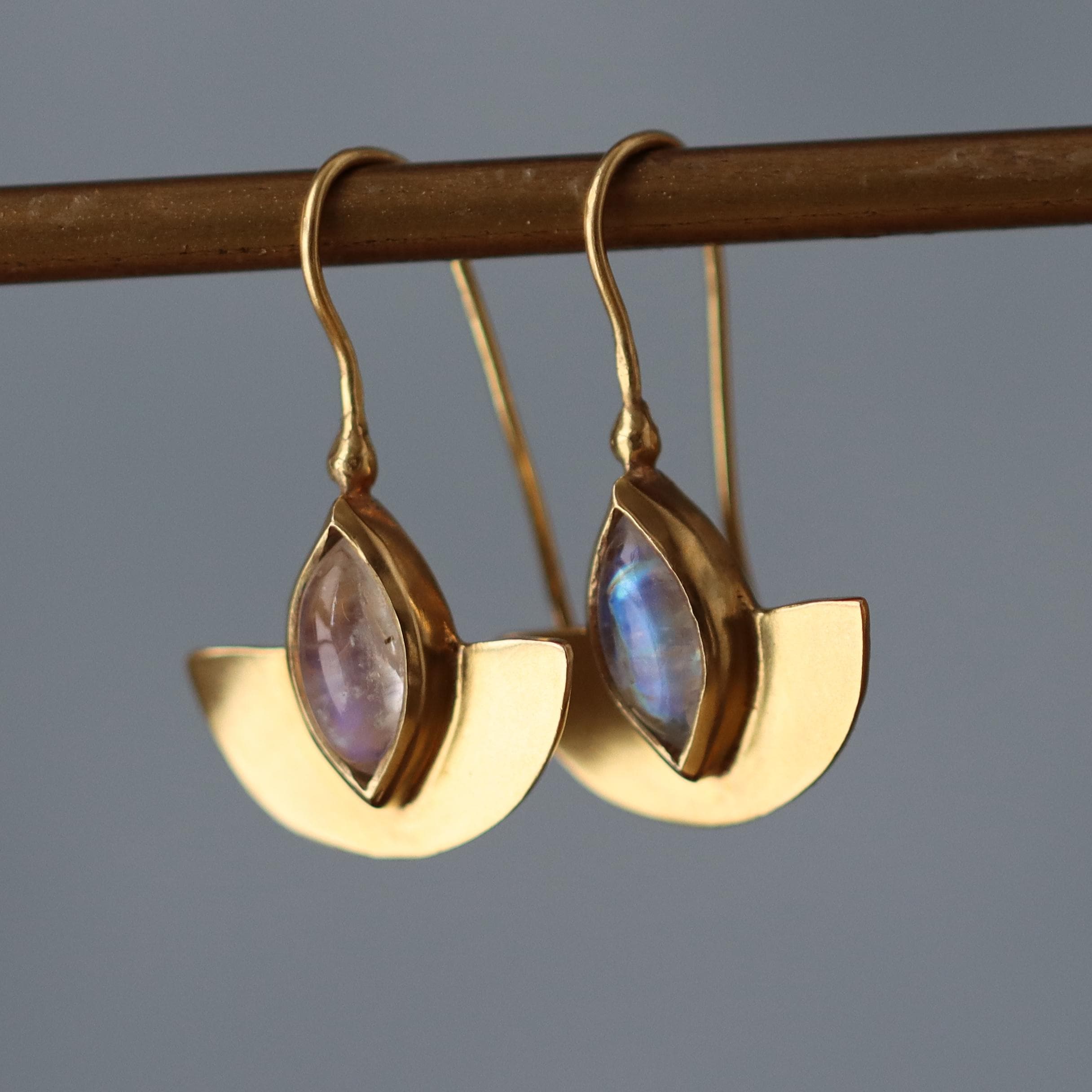 Gold Half-Moon Earrings with Moonstone Marquise Gemstone • Handmade Cleopatra-Inspired Dangle Earrings • Elegant Artisan Jewelry