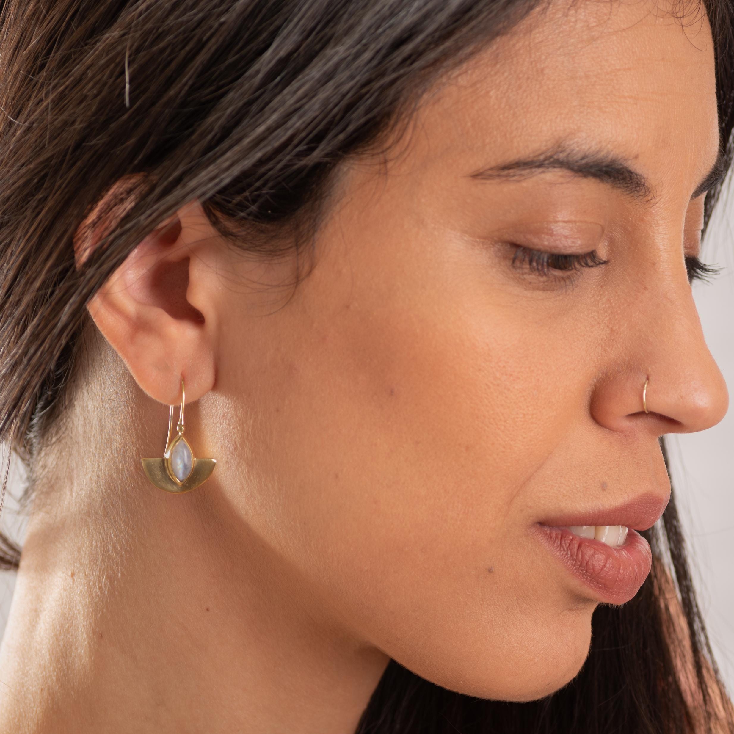 Gold Half-Moon Earrings with Moonstone Marquise Gemstone • Handmade Cleopatra-Inspired Dangle Earrings • Elegant Artisan Jewelry