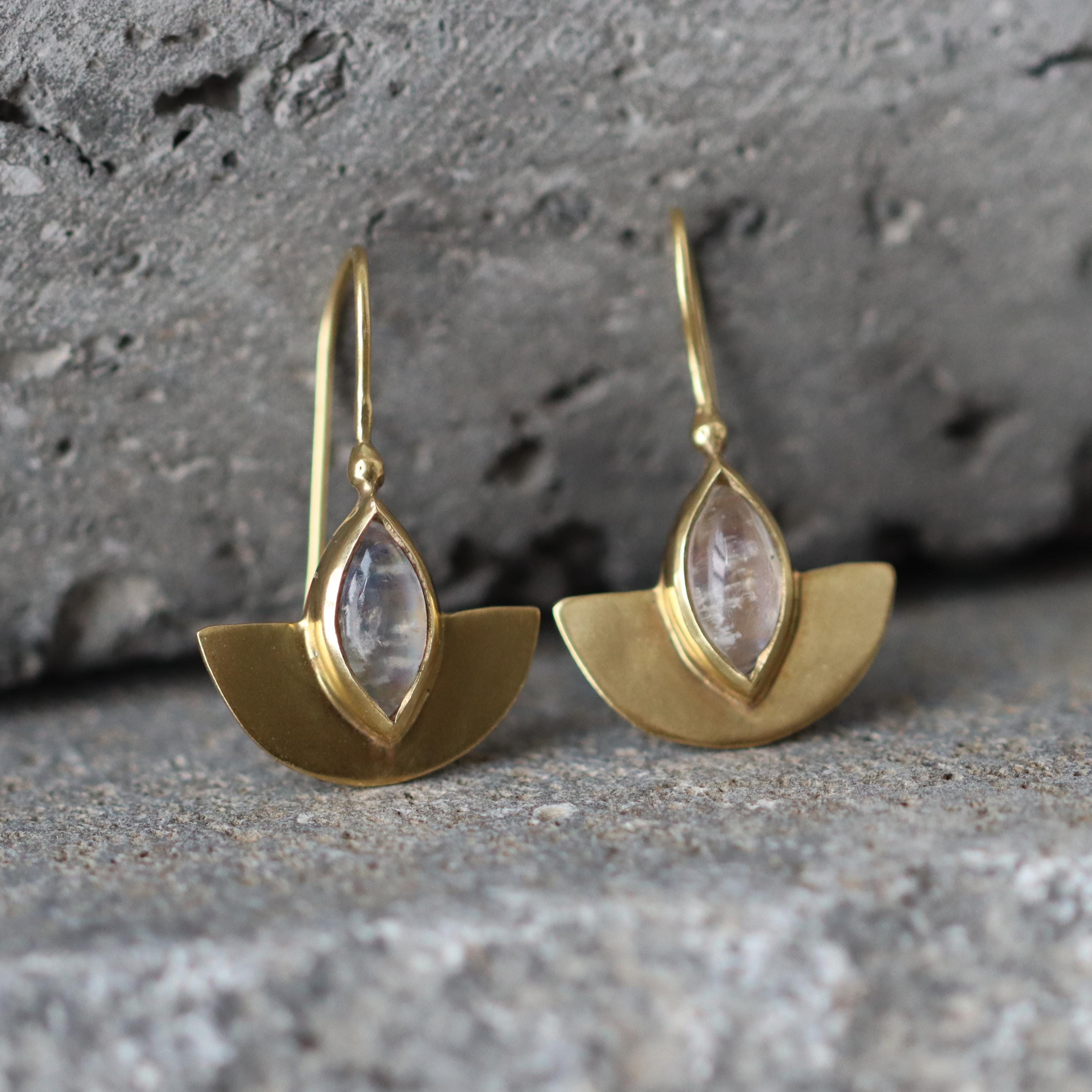 Gold Half-Moon Earrings with Moonstone Marquise Gemstone • Handmade Cleopatra-Inspired Dangle Earrings • Elegant Artisan Jewelry