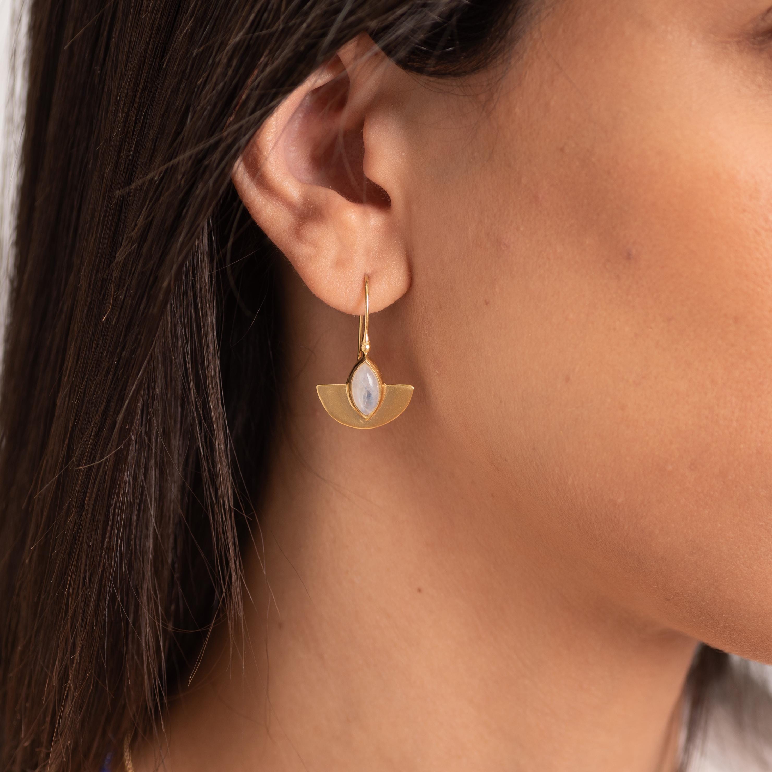 Gold Half-Moon Earrings with Moonstone Marquise Gemstone • Handmade Cleopatra-Inspired Dangle Earrings • Elegant Artisan Jewelry