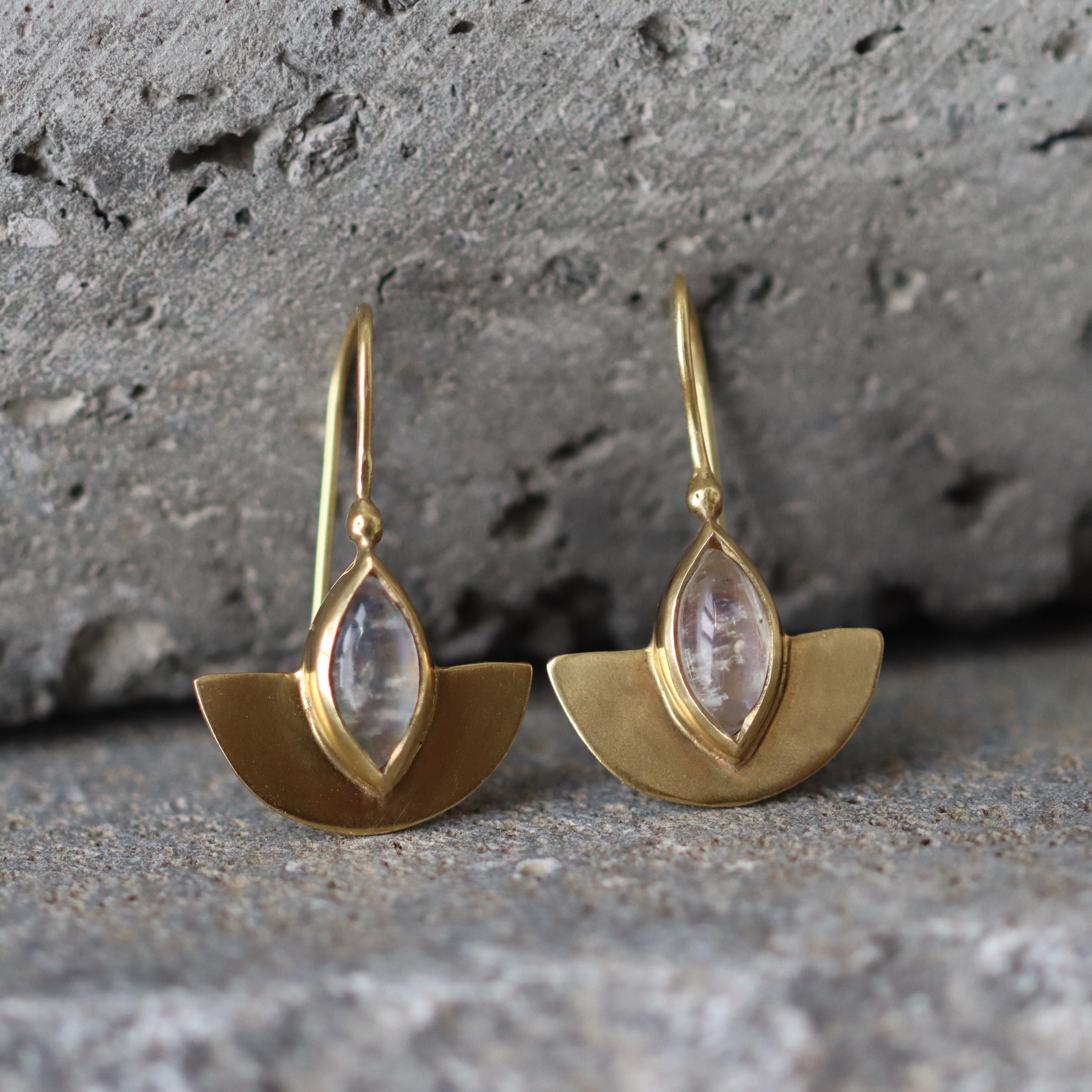 Gold Half-Moon Earrings with Moonstone Marquise Gemstone • Handmade Cleopatra-Inspired Dangle Earrings • Elegant Artisan Jewelry