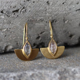 Gold Half-Moon Earrings with Moonstone Marquise Gemstone • Handmade Cleopatra-Inspired Dangle Earrings • Elegant Artisan Jewelry