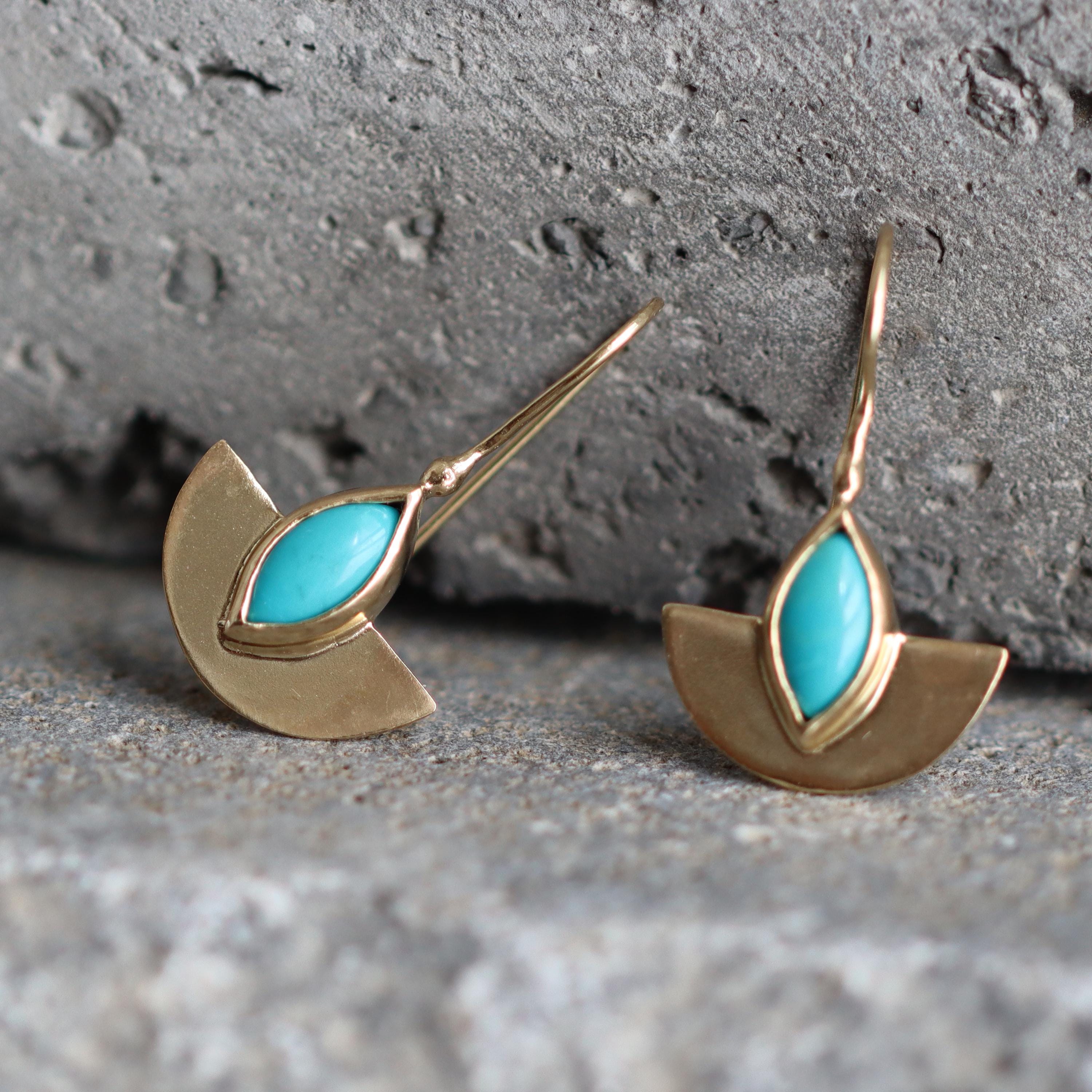 Semicircle Gold Dangle Earrings with Turquoise • Handcrafted Gold Earrings with Marquise Gemstone | Christmas Gift for Her