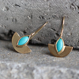 Semicircle Gold Dangle Earrings with Turquoise • Handcrafted Gold Earrings with Marquise Gemstone | Christmas Gift for Her