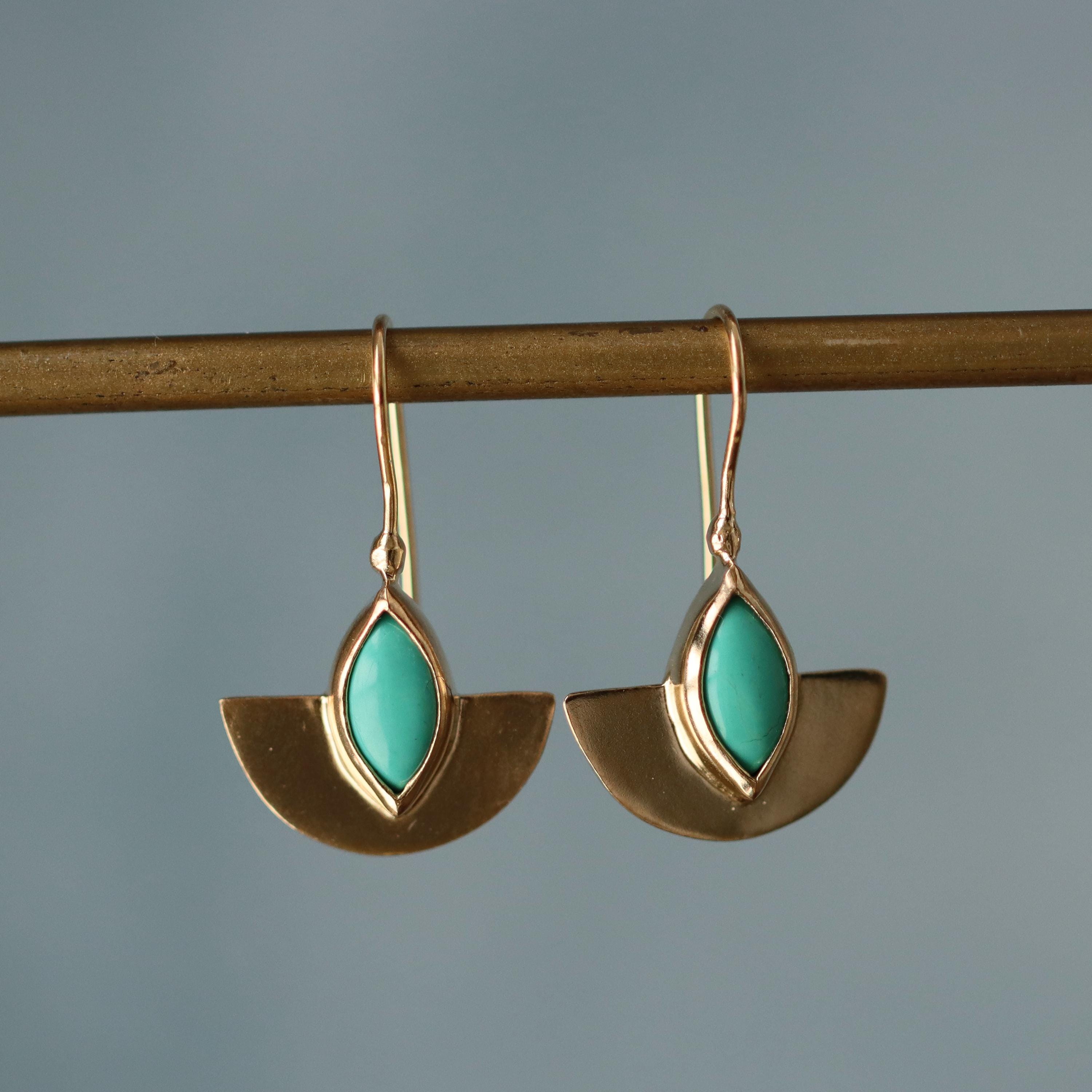 Semicircle Gold Dangle Earrings with Turquoise • Handcrafted Gold Earrings with Marquise Gemstone | Christmas Gift for Her