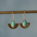 Semicircle Gold Dangle Earrings with Turquoise • Handcrafted Gold Earrings with Marquise Gemstone | Christmas Gift for Her
