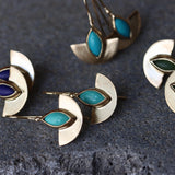 Semicircle Gold Dangle Earrings with Turquoise • Handcrafted Gold Earrings with Marquise Gemstone | Christmas Gift for Her