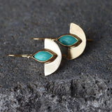 Semicircle Gold Dangle Earrings with Turquoise • Handcrafted Gold Earrings with Marquise Gemstone | Christmas Gift for Her