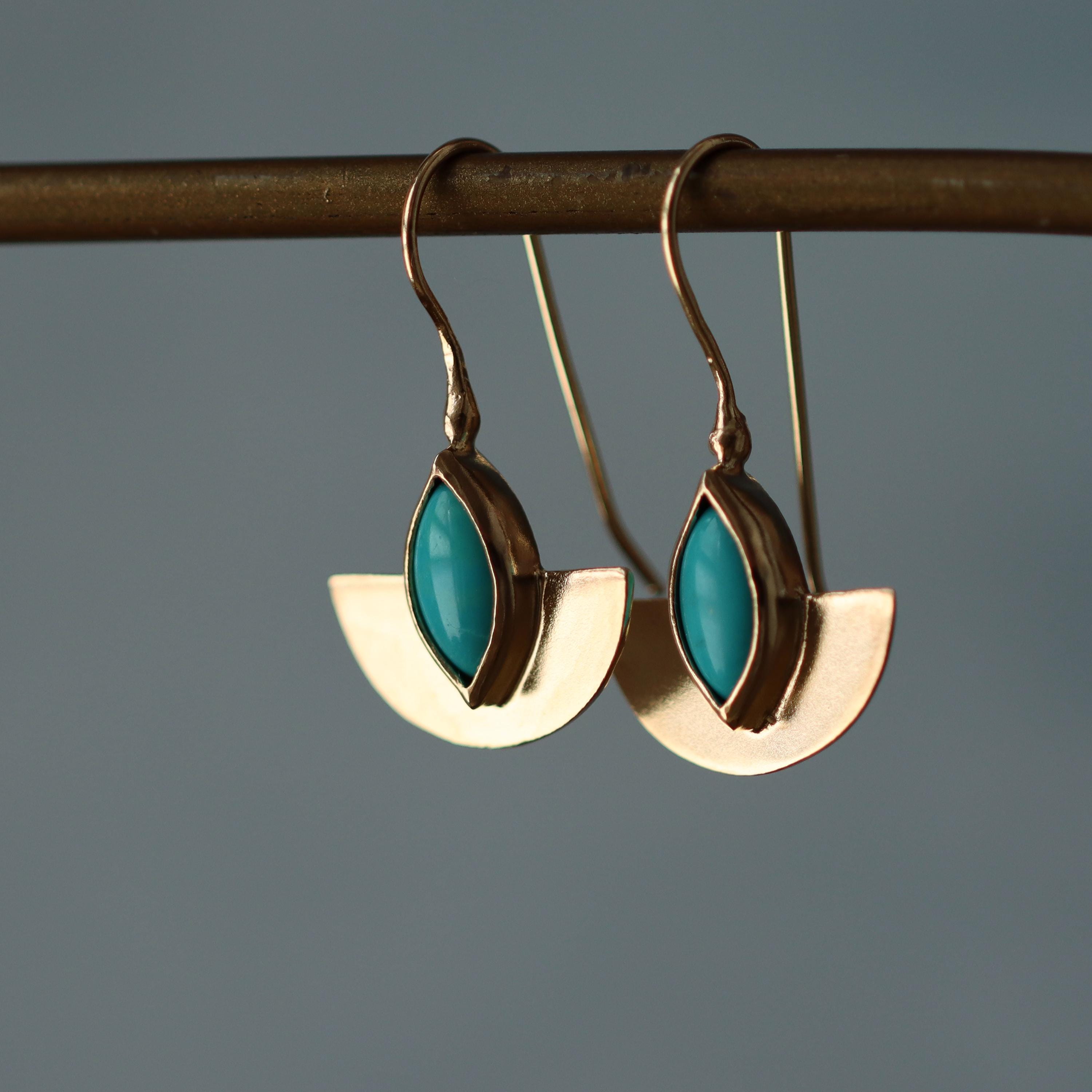 Semicircle Gold Dangle Earrings with Turquoise • Handcrafted Gold Earrings with Marquise Gemstone | Christmas Gift for Her