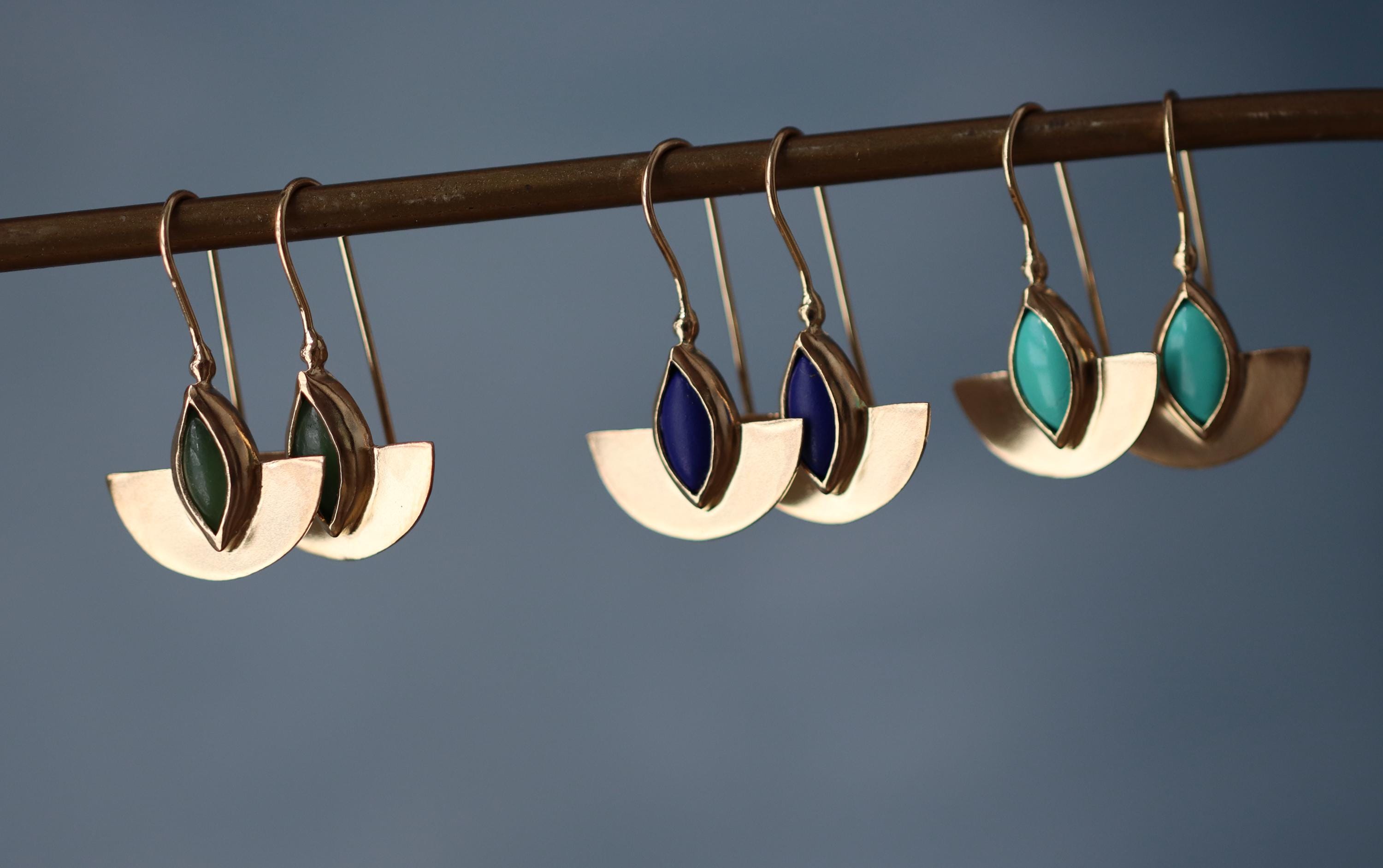 Semicircle Gold Dangle Earrings with Turquoise • Handcrafted Gold Earrings with Marquise Gemstone | Christmas Gift for Her