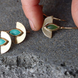 Semicircle Gold Dangle Earrings with Turquoise • Handcrafted Gold Earrings with Marquise Gemstone | Christmas Gift for Her