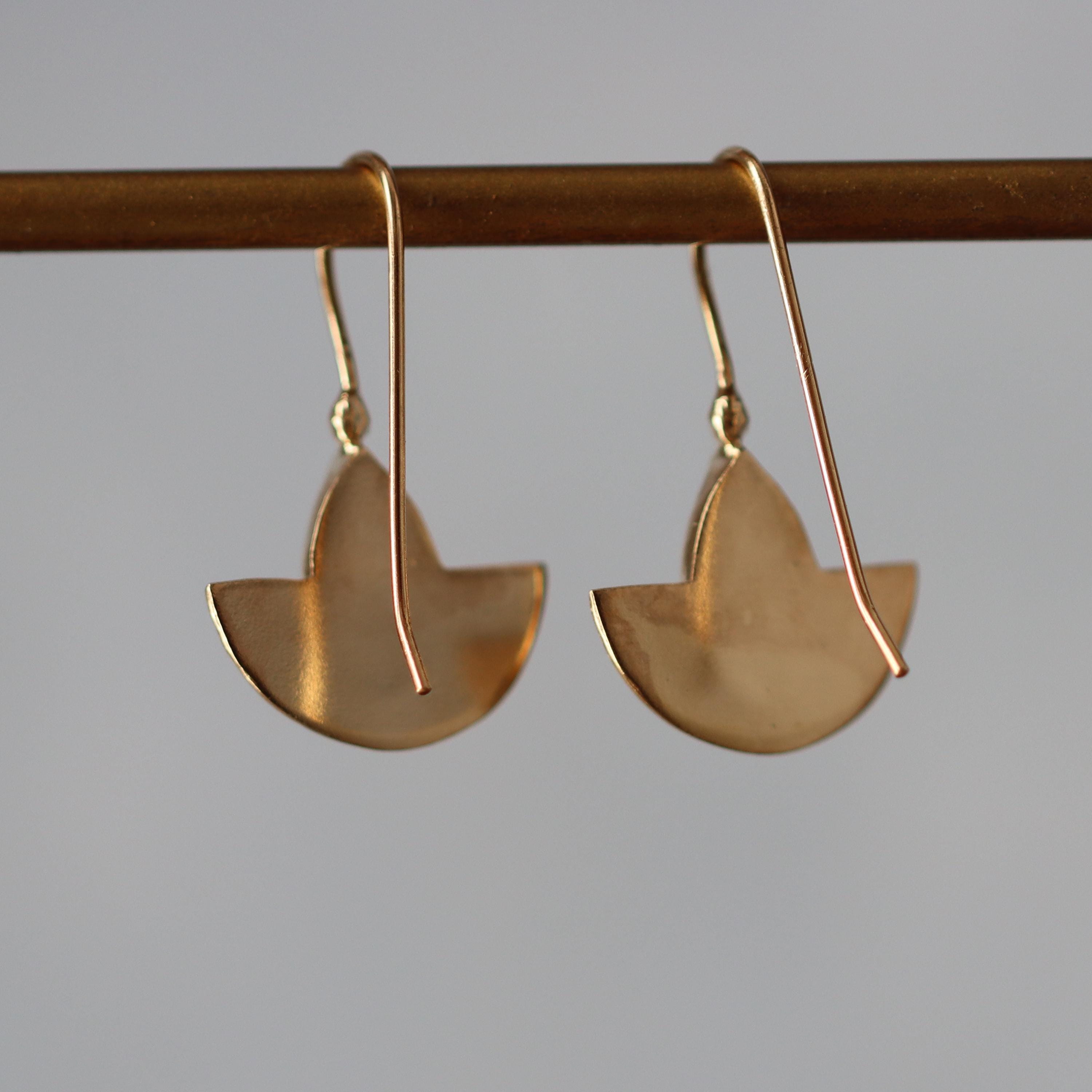 Gold Half-Moon Earrings with Moonstone Marquise Gemstone • Handmade Cleopatra-Inspired Dangle Earrings • Elegant Artisan Jewelry