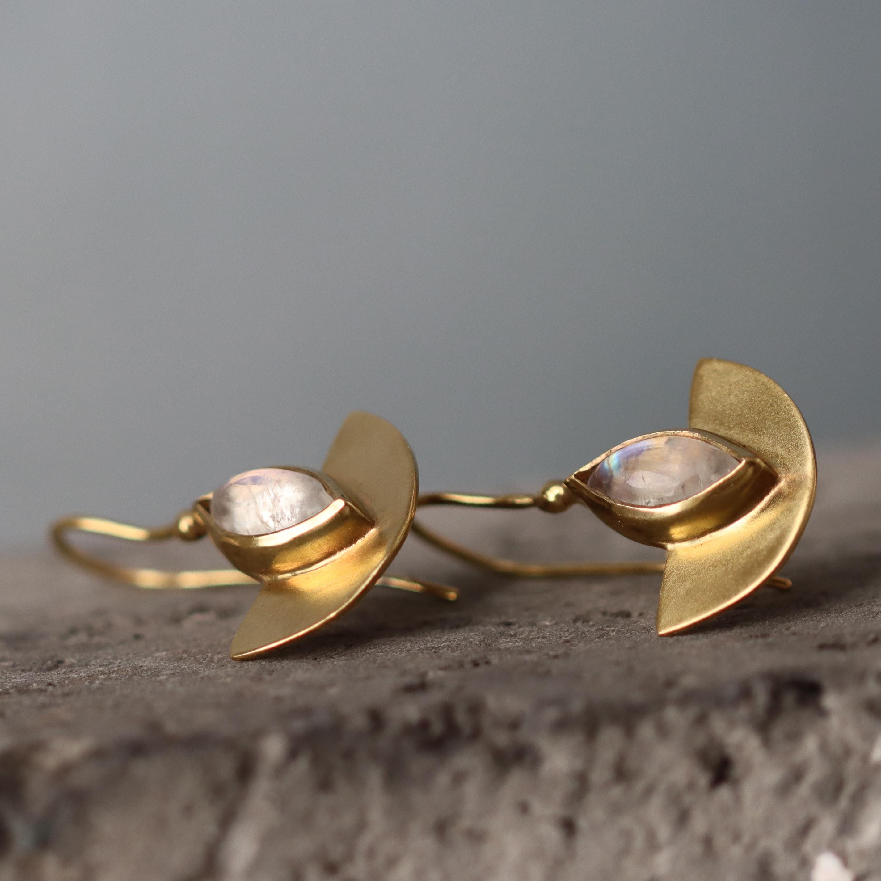 Semicircle Gold Dangle Earrings with Turquoise • Handcrafted Gold Earrings with Marquise Gemstone | Christmas Gift for Her