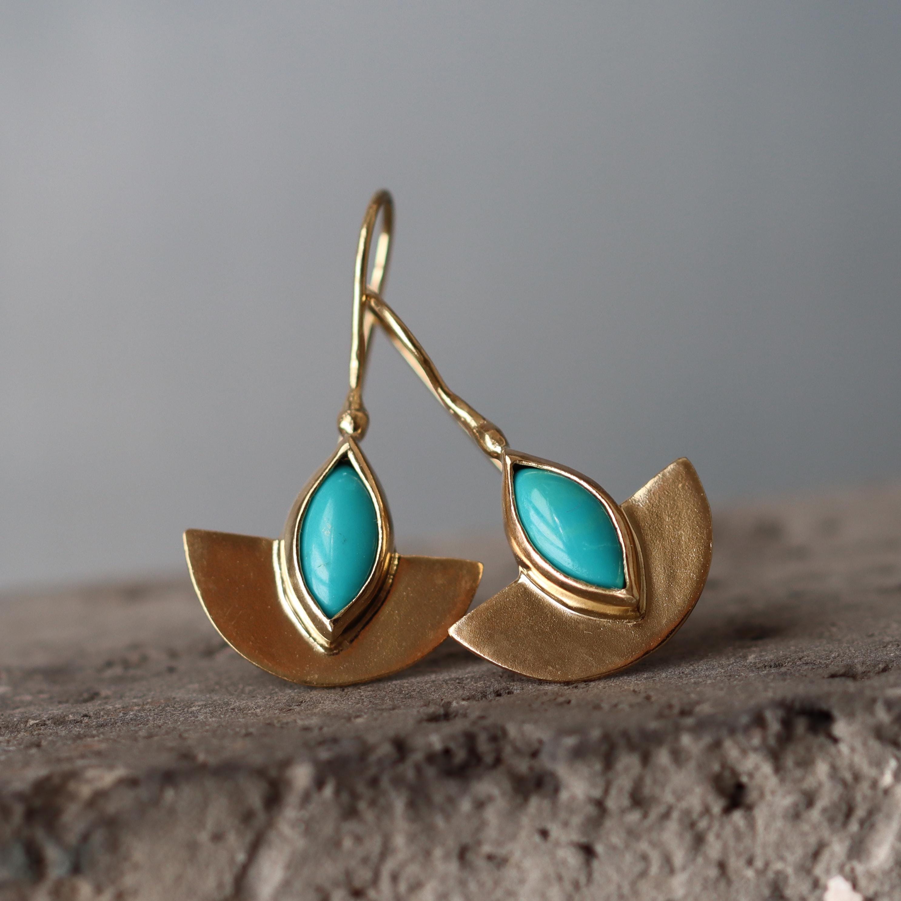 Semicircle Gold Dangle Earrings with Turquoise • Handcrafted Gold Earrings with Marquise Gemstone | Christmas Gift for Her