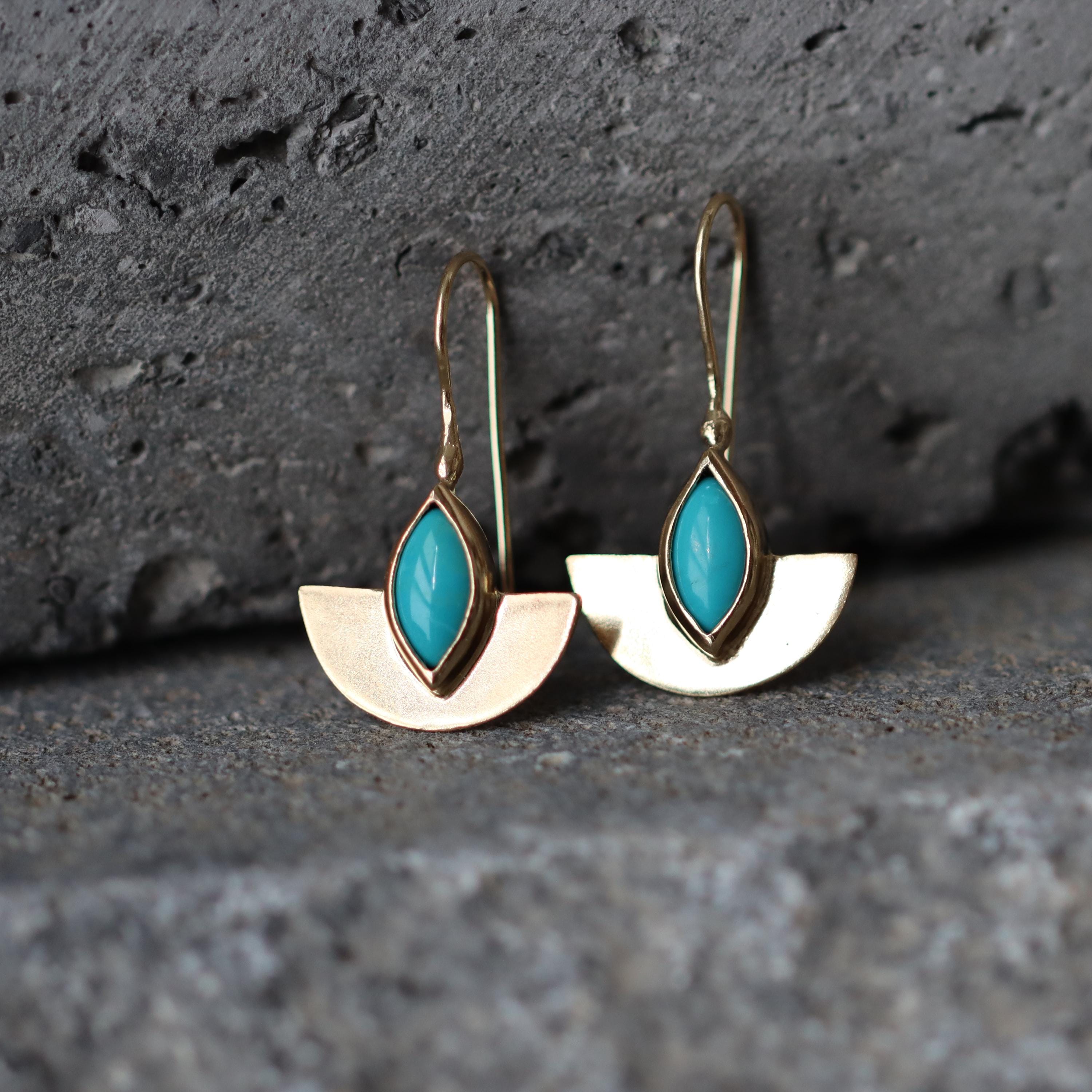 Semicircle Gold Dangle Earrings with Turquoise • Handcrafted Gold Earrings with Marquise Gemstone | Christmas Gift for Her