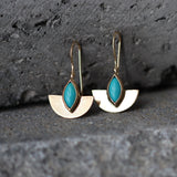 Semicircle Gold Dangle Earrings with Turquoise • Handcrafted Gold Earrings with Marquise Gemstone | Christmas Gift for Her