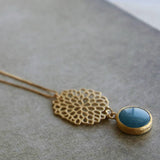 Extra Long Aqua Marine Round Pendant Necklace For Woman / Aquamarine And Gold Necklace / Classic Pendant Necklace / Christmas Gift