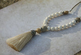 Beige Long Tassel Mala Necklace with Gemstones