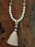 Beige Long Tassel Mala Necklace with Gemstones