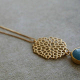 Extra Long Aqua Marine Round Pendant Necklace For Woman / Aquamarine And Gold Necklace / Classic Pendant Necklace / Christmas Gift