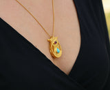 Gold Pomegranate Pendant Necklace: Turquoise & Garnet Gemstone Jewelry
