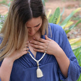Beige Tassel Necklace • Long Beaded Necklace for Women • Boho Statement Jewelry • Neutral Bead Pendant Necklace