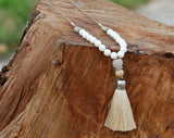 Beige Tassel Necklace: Long Boho Beaded Statement Jewelry