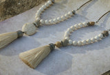 Handmade Beige Tassel Mala Necklace: Long Beaded Gemstone Pendant