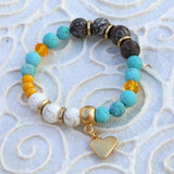 Beaded bracelet for woman, Heart charm bracelet, Gemstone bracelet with jade & howlite stone, Boho bracelet, Bohemian jewelry, Gift for her