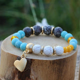 Beaded bracelet for woman, Heart charm bracelet, Gemstone bracelet with jade & howlite stone, Boho bracelet, Bohemian jewelry, Gift for her