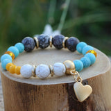 Beaded bracelet for woman, Heart charm bracelet, Gemstone bracelet with jade & howlite stone, Boho bracelet, Bohemian jewelry, Gift for her
