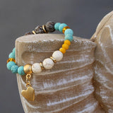 Beaded bracelet for woman, Heart charm bracelet, Gemstone bracelet with jade & howlite stone, Boho bracelet, Bohemian jewelry, Gift for her