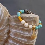 Beaded bracelet for woman, Heart charm bracelet, Gemstone bracelet with jade & howlite stone, Boho bracelet, Bohemian jewelry, Gift for her