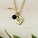 Gold Short Pendant Leaf Necklace, Dainty Black Onyx Necklace, Leaf Necklace For Women, Birthday Necklace For A Girl, Birth Stone Necklace