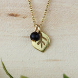 Gold Short Pendant Leaf Necklace, Dainty Black Onyx Necklace, Leaf Necklace For Women, Birthday Necklace For A Girl, Birth Stone Necklace