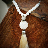 White Beaded Tassel Necklace • Long Boho Statement Jewelry • Howlite Bead Necklace for Women • Mala Spiritual Necklace