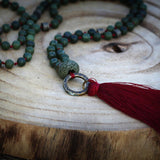 Red Tassel Green Jade Mala Necklace for Yoga - Handmade Gift